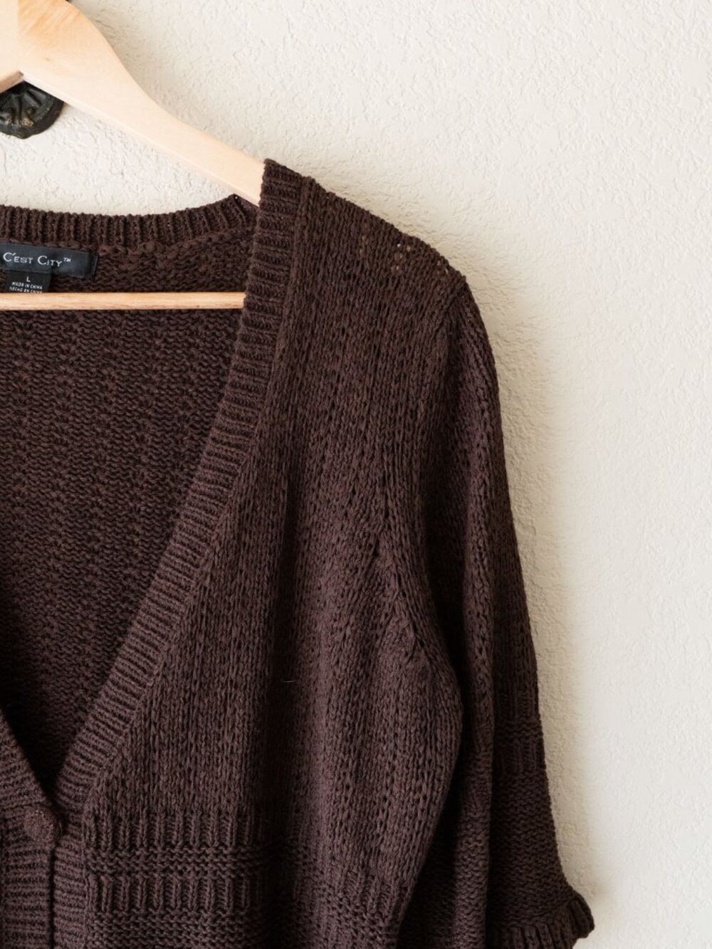C'est City Cardigan Womens L Chocolate Brown Ruffle Knit Short Sleeve Boho Y2K - Picture 5 of 14